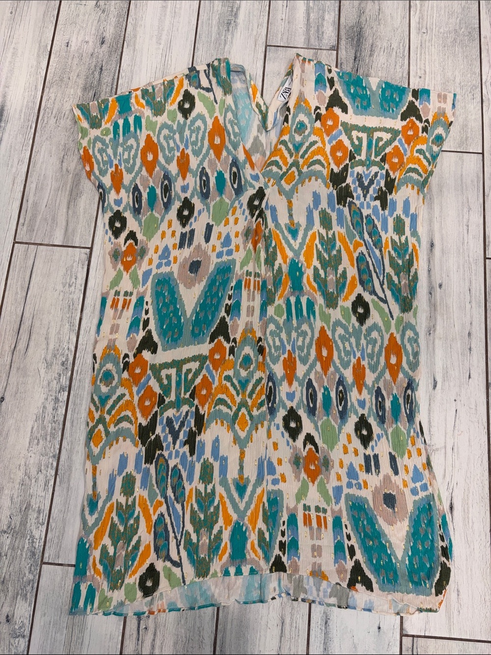 Zara Multicolor Ikat Cap Sleeve caftan, - Teal, Orange & Green